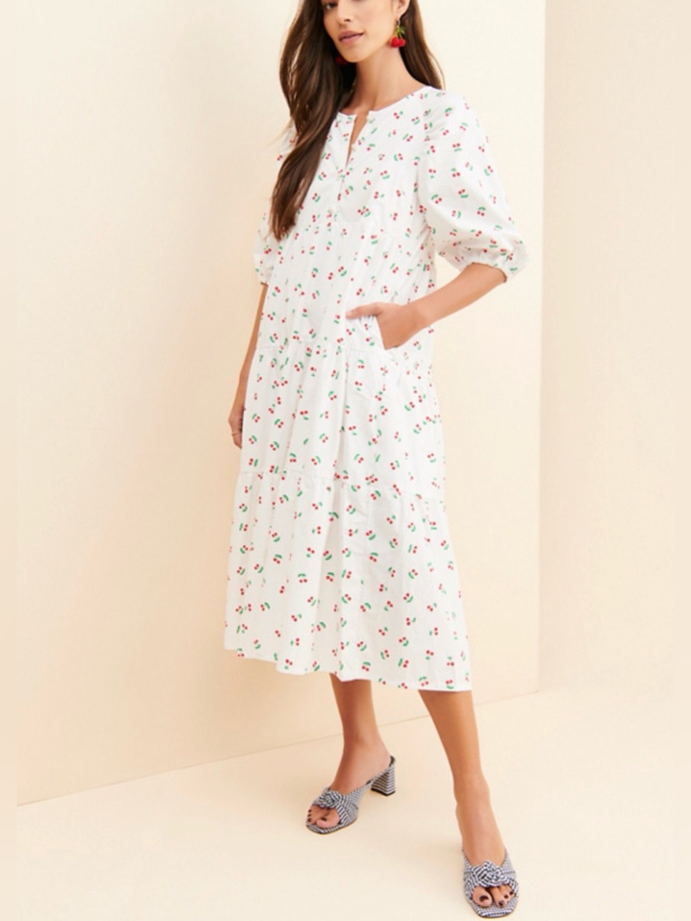 Crās Evie Midi Dress with Cherry Print, Size 40, US 8, Color White/Red/Green